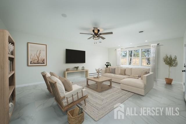 living room with marble finish floor, a ceiling fan, a baseboard heating unit, recessed lighting, and baseboards