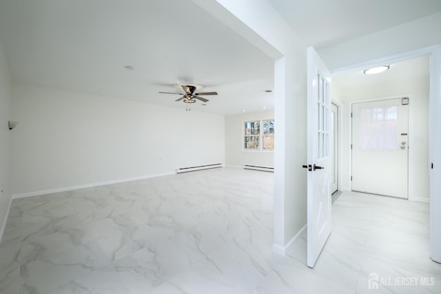 interior space featuring a baseboard heating unit, baseboards, ceiling fan, marble finish floor, and a baseboard radiator