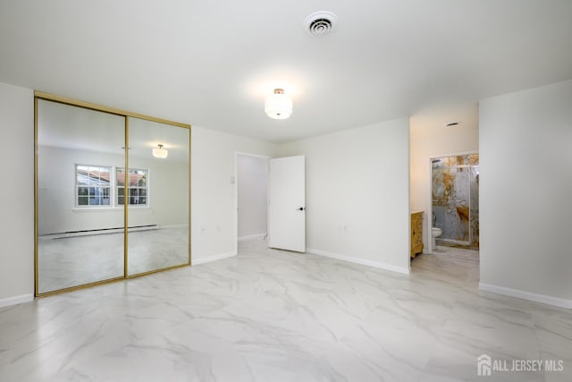 unfurnished bedroom featuring visible vents, marble finish floor, and baseboards