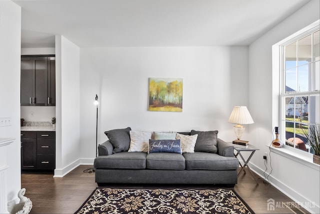 living area with baseboards, plenty of natural light, and dark wood-type flooring