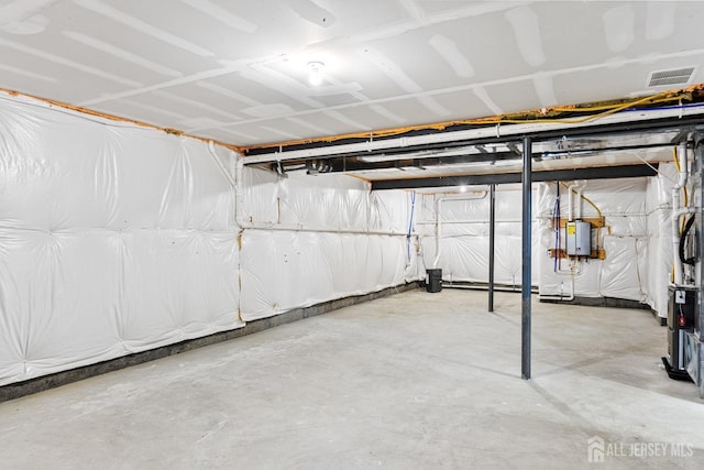 unfinished basement featuring visible vents and electric panel