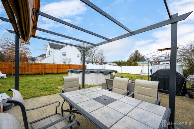 view of patio / terrace featuring a fenced in pool, outdoor dining space, a fenced backyard, and grilling area