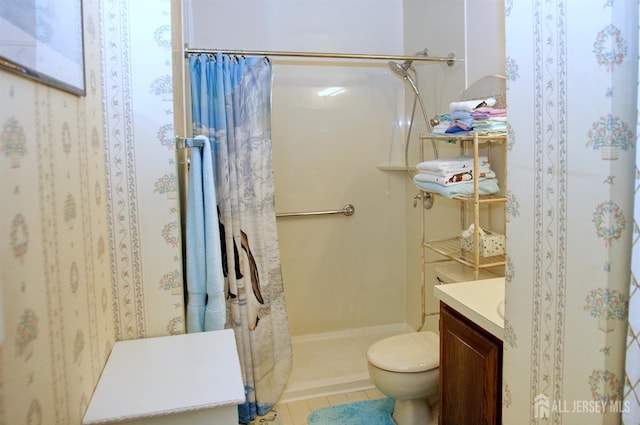 422 Ravens Crest Dr, Plainsboro, NJ 08536 - bathroom featuring toilet, a shower stall, tile patterned flooring, and vanity