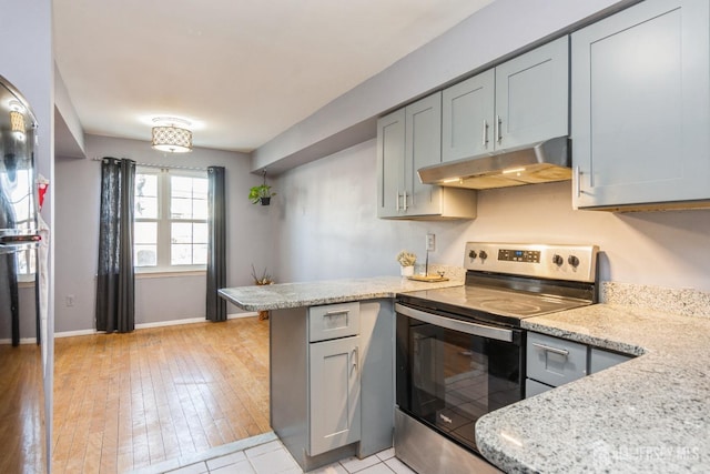 kitchen with stainless steel electric range, light wood-style flooring, a peninsula, under cabinet range hood, and gray cabinetry