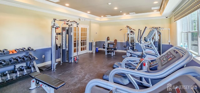 548 E Celebration Way E, South Plainfield, NJ 07080 - exercise room with crown molding, a tray ceiling, and recessed lighting