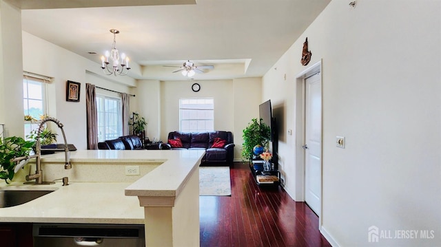 548 E Celebration Way E, South Plainfield, NJ 07080 - kitchen featuring dishwasher, dark wood finished floors, a tray ceiling, and plenty of natural light