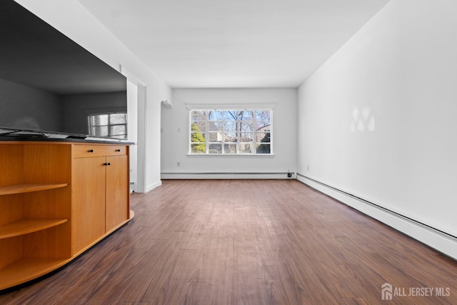 43 Jensen Ave, Fords, NJ 08863 - unfurnished living room featuring dark wood-style flooring, baseboards, and a baseboard heating unit
