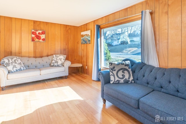 living area with wood walls and wood finished floors