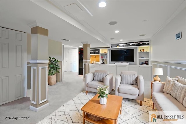 27 Collins Rd, Hamilton, NJ 08619 - living room featuring a decorative wall, ornamental molding, recessed lighting, wainscoting, and light colored carpet