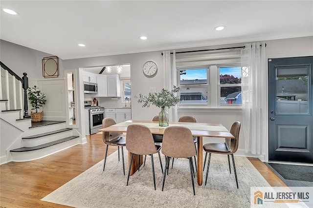 27 Collins Rd, Hamilton, NJ 08619 - dining area with stairway, light wood-style floors, and recessed lighting