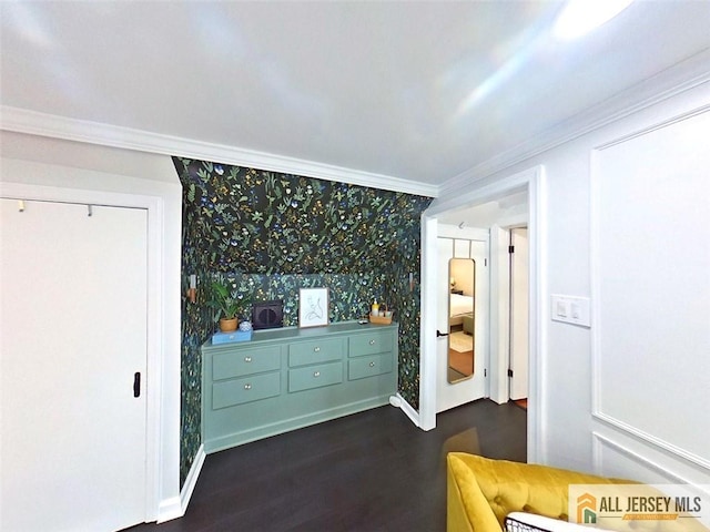 27 Collins Rd, Hamilton, NJ 08619 - bedroom with crown molding, wallpapered walls, dark wood-type flooring, and baseboards