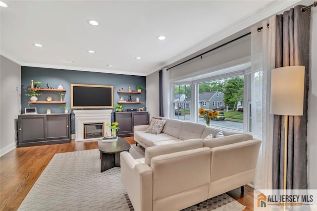 27 Collins Rd, Hamilton, NJ 08619 - living area with crown molding, a glass covered fireplace, wood finished floors, recessed lighting, and baseboards