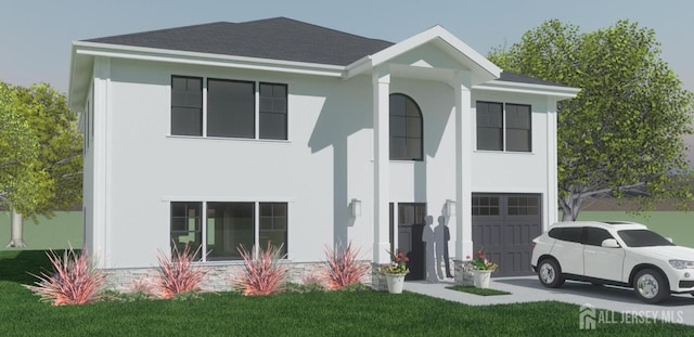 view of front of home featuring concrete driveway, a front yard, an attached garage, and stucco siding