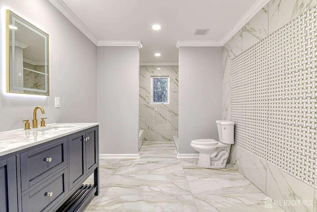 bathroom featuring vanity, toilet, crown molding, and a tile shower