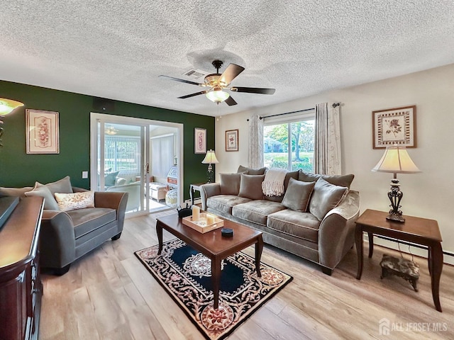 living area featuring light wood finished floors, a textured ceiling, visible vents, and a ceiling fan