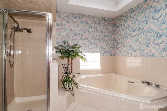 89 King St, Edison, NJ 08820 - bathroom featuring wallpapered walls, a garden tub, and a stall shower