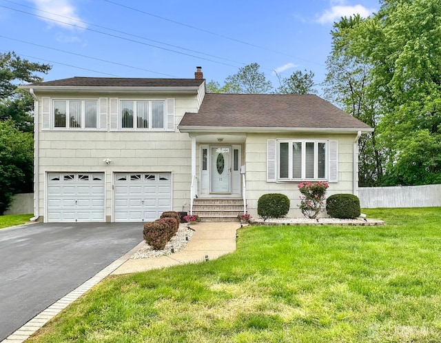 12 Dana Estates Dr, Old Bridge, NJ 08859 - split level home with asphalt driveway, an attached garage, a chimney, and roof with shingles