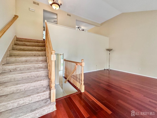 12 Dana Estates Dr, Old Bridge, NJ 08859 - staircase with wood finished floors, ceiling fan, lofted ceiling, and baseboards