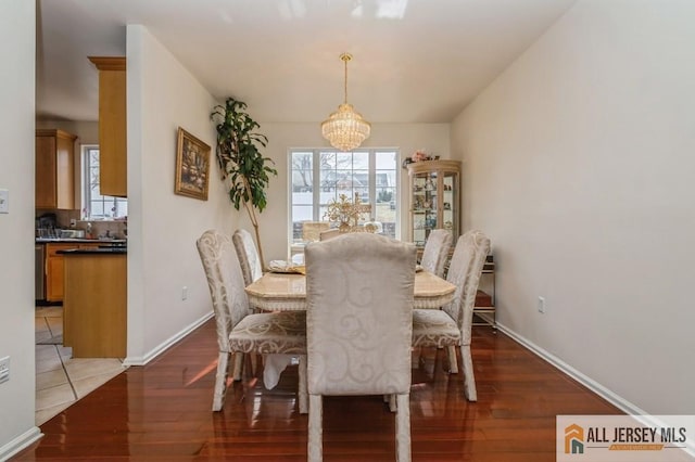 dining room featuring a chandelier, a wealth of natural light, and wood finished floors