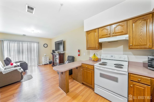 kitchen featuring light wood-type flooring and white range with electric stovetop