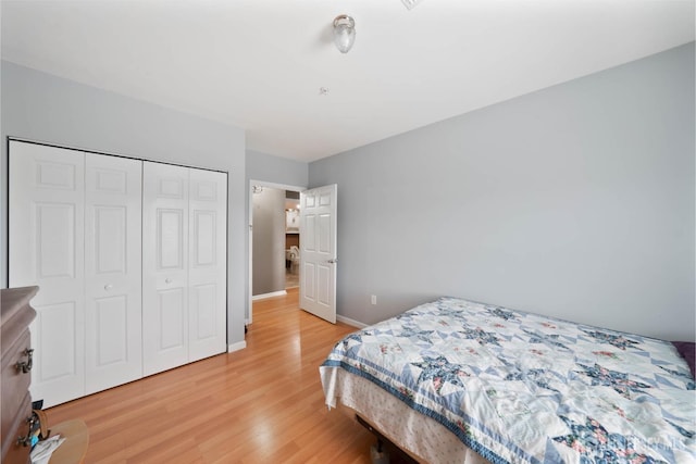 bedroom featuring light hardwood / wood-style floors and a closet