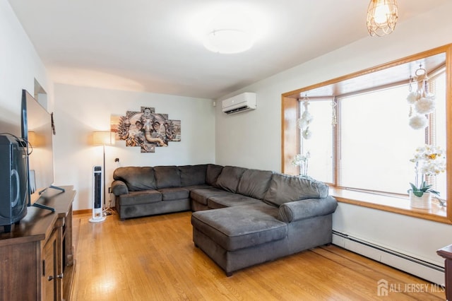 40 Riverview Ave, Piscataway, NJ 08854 - living room featuring a baseboard heating unit, light wood-type flooring, a wall unit AC, and baseboards