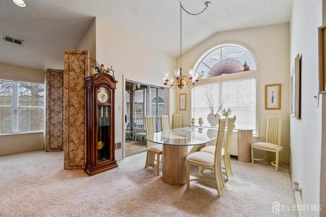 16 Andrew Johnson Dr Unit C, Monroe, NJ 08831 - carpeted dining room with a textured ceiling, a chandelier, and vaulted ceiling