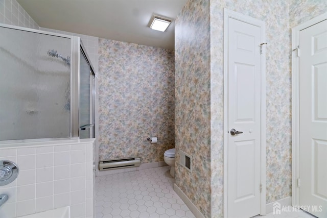bathroom with a stall shower, tile patterned flooring, toilet, and baseboard heating