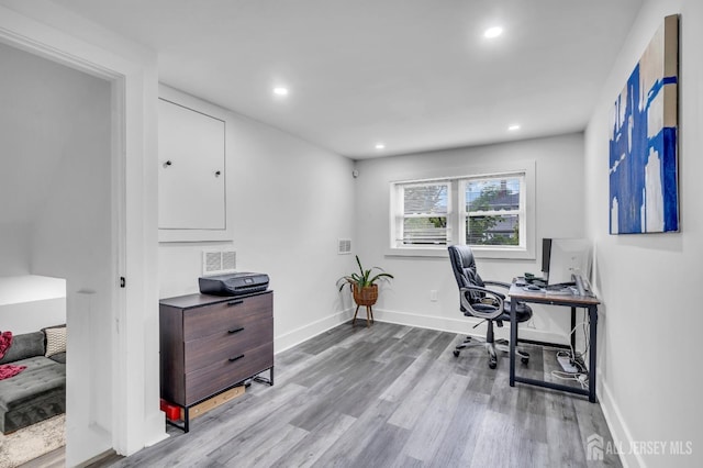 374 Nottingham Way, Union Twp, NJ 07083 - office space with recessed lighting, wood finished floors, and baseboards