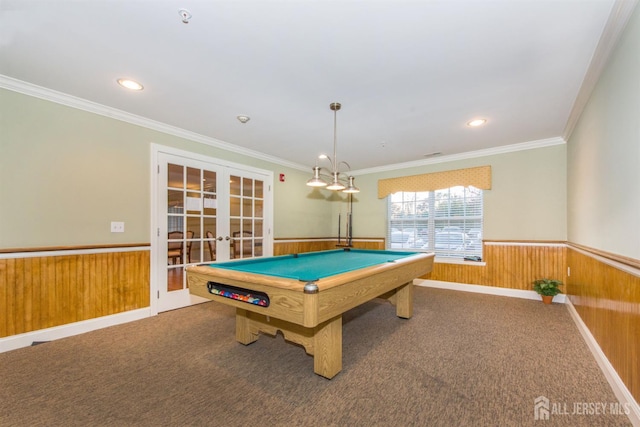 69 Liddle Ave, Edison, NJ 08837 - rec room with a wainscoted wall, french doors, carpet floors, crown molding, and wood walls