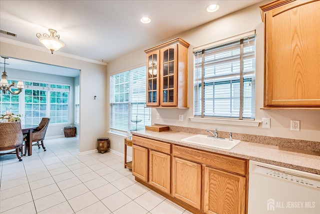 kitchen featuring white dishwasher, a sink, light tile patterned floors, baseboards, and glass insert cabinets
