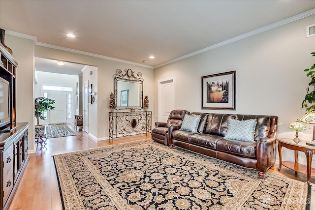 249 Spring Meadow Way, Monroe, NJ 08831 - living room with light wood-style floors, crown molding, baseboards, and recessed lighting