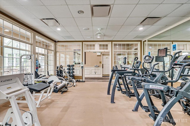 gym featuring carpet floors and a drop ceiling