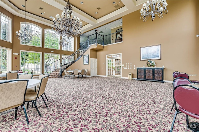 249 Spring Meadow Way, Monroe, NJ 08831 - carpeted dining room with a chandelier, a high ceiling, baseboards, stairs, and beamed ceiling