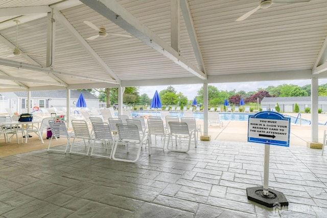 view of patio featuring a ceiling fan, a community pool, and fence