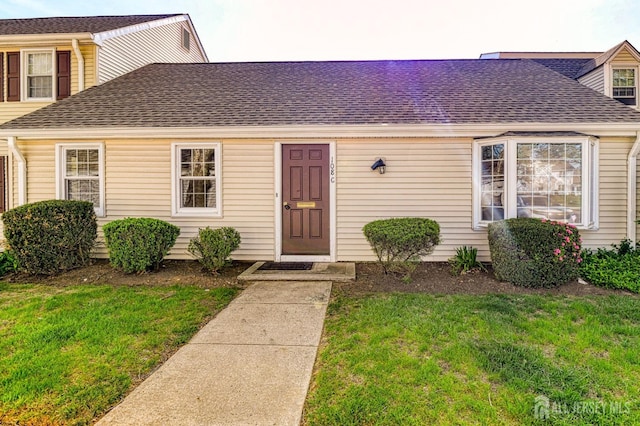 view of front of property with a shingled roof and a front lawn