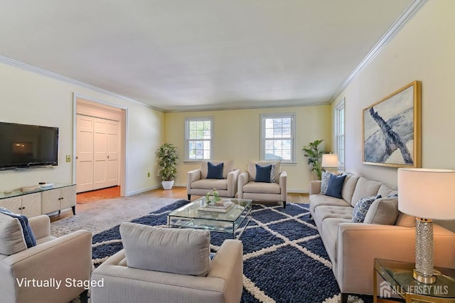 living area with crown molding, baseboards, and wood finished floors