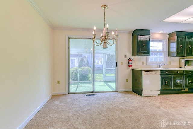 kitchen featuring green cabinetry, white appliances, light countertops, a chandelier, and ornamental molding