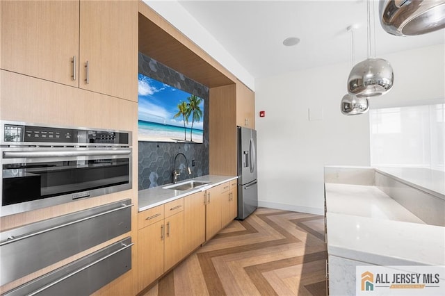 702 Station Rd, Dunellen, NJ 08812 - kitchen with appliances with stainless steel finishes, a sink, a warming drawer, light countertops, and tasteful backsplash