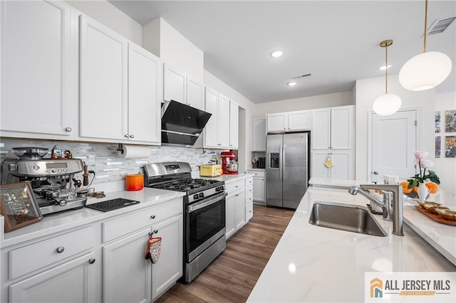 702 Station Rd, Dunellen, NJ 08812 - kitchen with appliances with stainless steel finishes, a sink, ventilation hood, backsplash, and white cabinetry