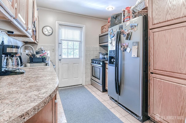 2 Bradley Dr, Edison, NJ 08817 - kitchen featuring appliances with stainless steel finishes, light tile patterned flooring, light brown cabinets, tile walls, and ornamental molding