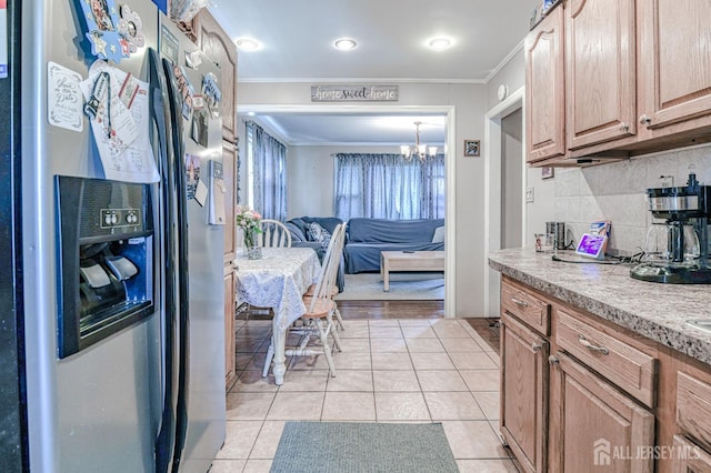 2 Bradley Dr, Edison, NJ 08817 - kitchen featuring stainless steel fridge with ice dispenser, crown molding, light countertops, tasteful backsplash, and a chandelier