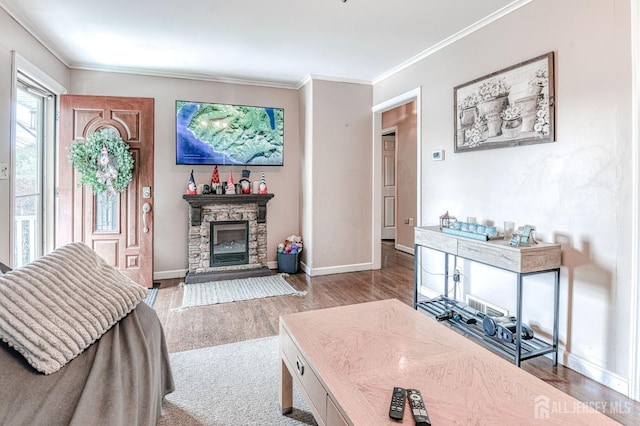 2 Bradley Dr, Edison, NJ 08817 - living area with ornamental molding, wood finished floors, and a fireplace