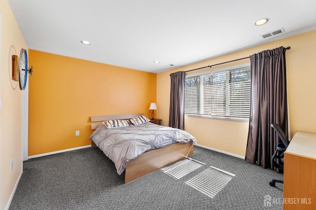 bedroom with carpet flooring, recessed lighting, and baseboards
