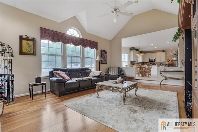9 Lavender Way E, Brunswick, NJ 08816 - living room featuring ceiling fan, high vaulted ceiling, and light wood-style flooring
