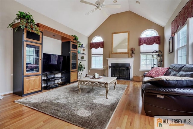 9 Lavender Way E, Brunswick, NJ 08816 - living area featuring light wood-style flooring, a ceiling fan, a fireplace, and high vaulted ceiling
