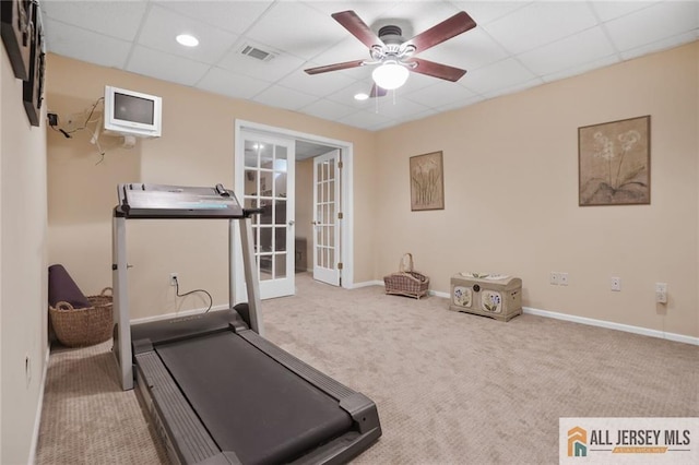 9 Lavender Way E, Brunswick, NJ 08816 - exercise area with french doors, carpet, a drop ceiling, and ceiling fan