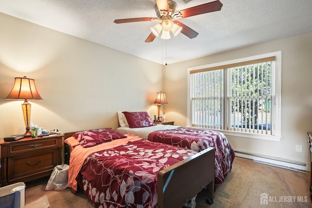 bedroom with baseboard heating, ceiling fan, carpet, and a textured ceiling