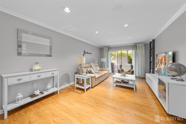 1058 Schmidt Ln, North Brunswick, NJ 08902 - living area featuring ornamental molding, light wood-type flooring, and recessed lighting