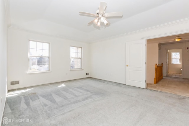 carpeted empty room featuring ceiling fan, visible vents, crown molding, and a raised ceiling